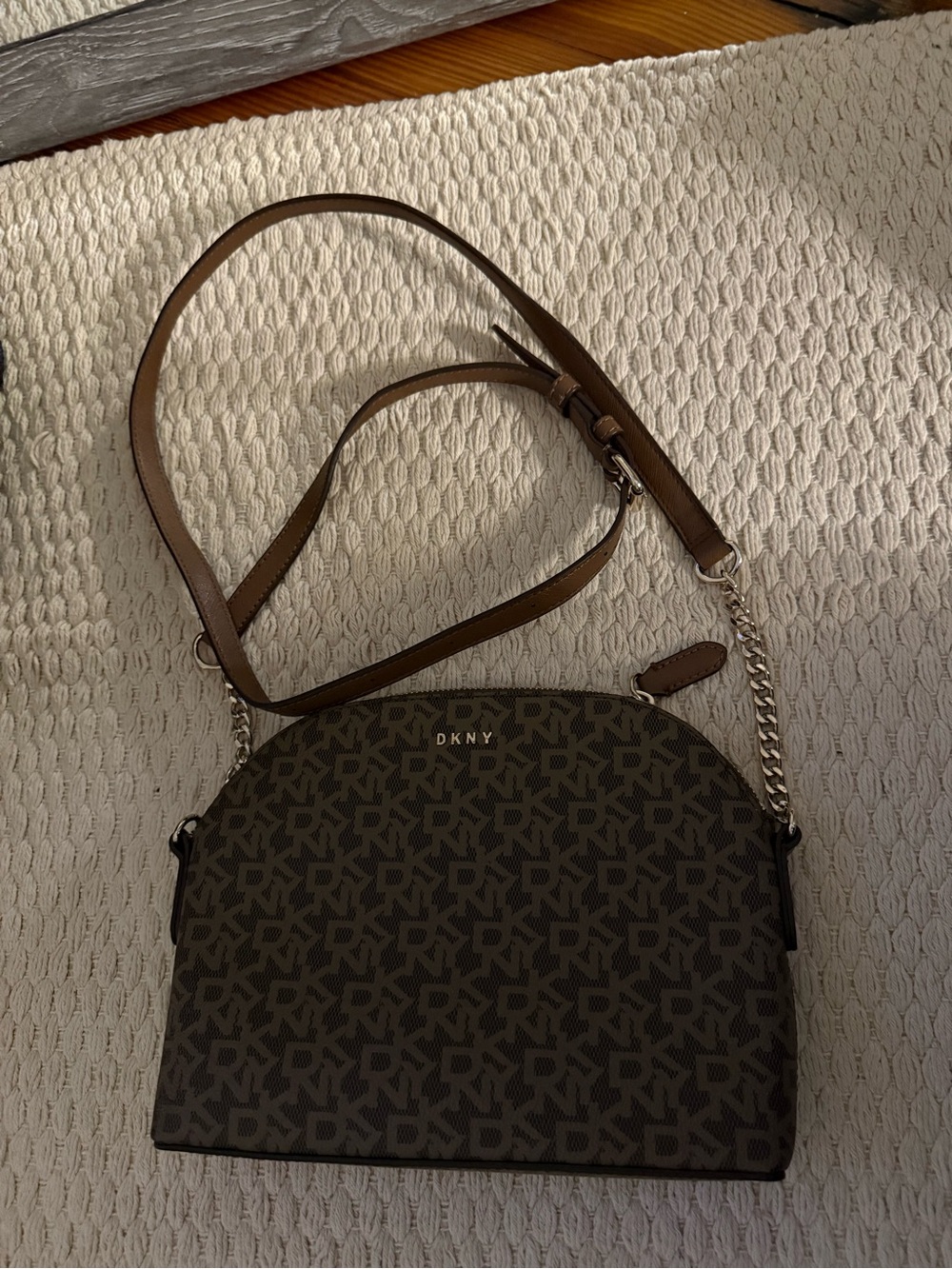 DKNY Brown Logo Dome Crossbody with Chain Strap